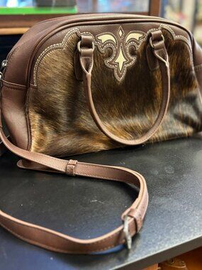 Trinity Ranch Brown Hair-On Cowhide Fleur-de-Lis Satchel Crossbody Bag
